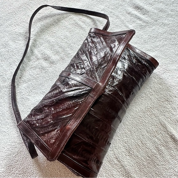 Vintage 70s Burgundy Red Eel Skin Leather Cross Body Purse &/or Clutch - Picture 3 of 12